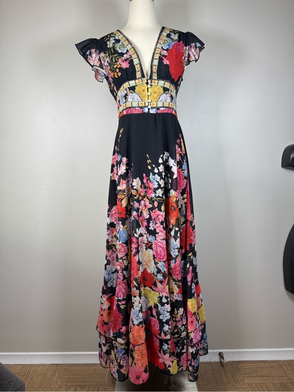 Dalia Macphee Black Floral Maxi Dress with V-Neck Ruffle Sleeves Size 6